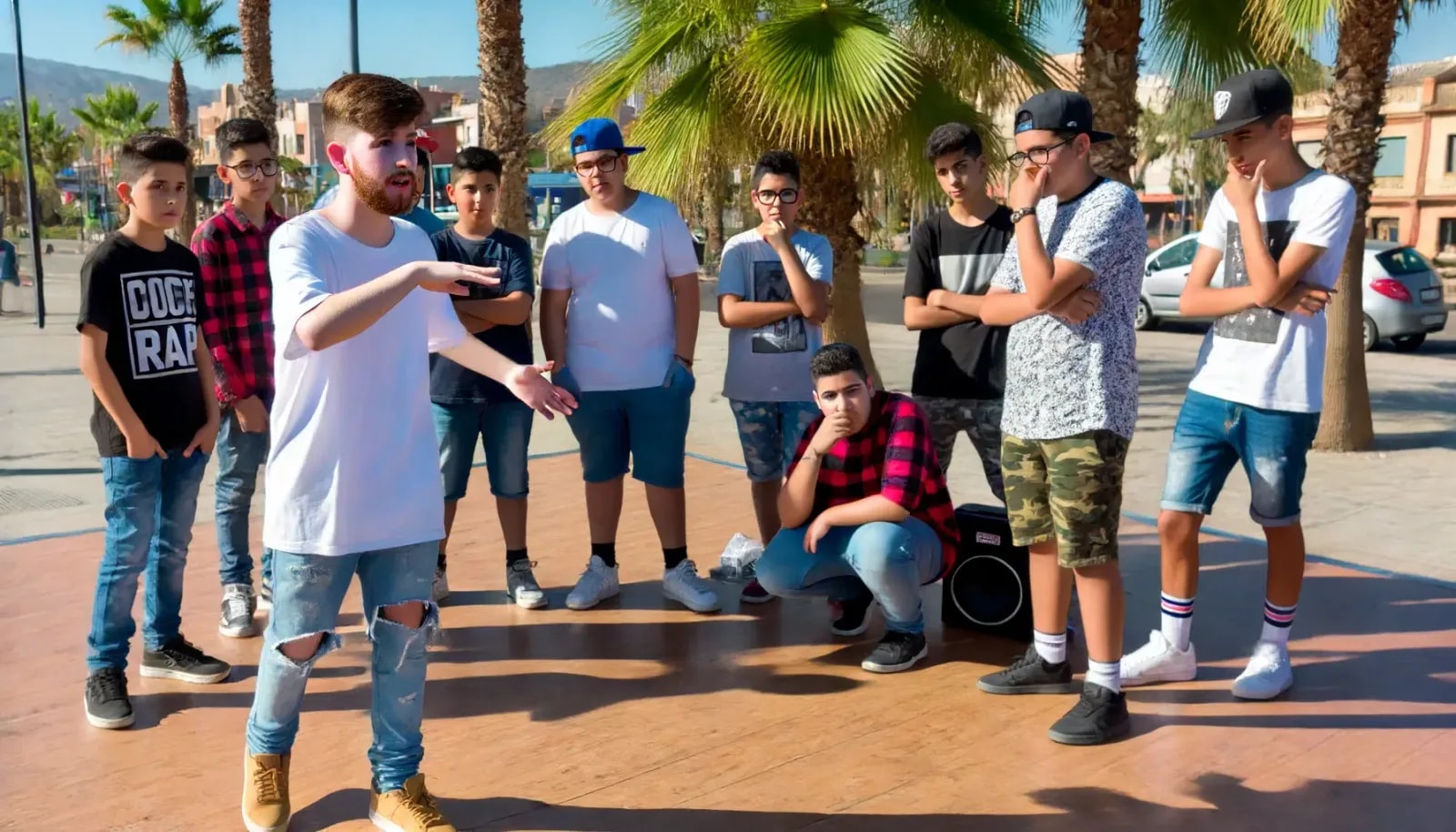Un grupo de adolescentes escucha a un monitor en un taller al aire libre, entre palmeras