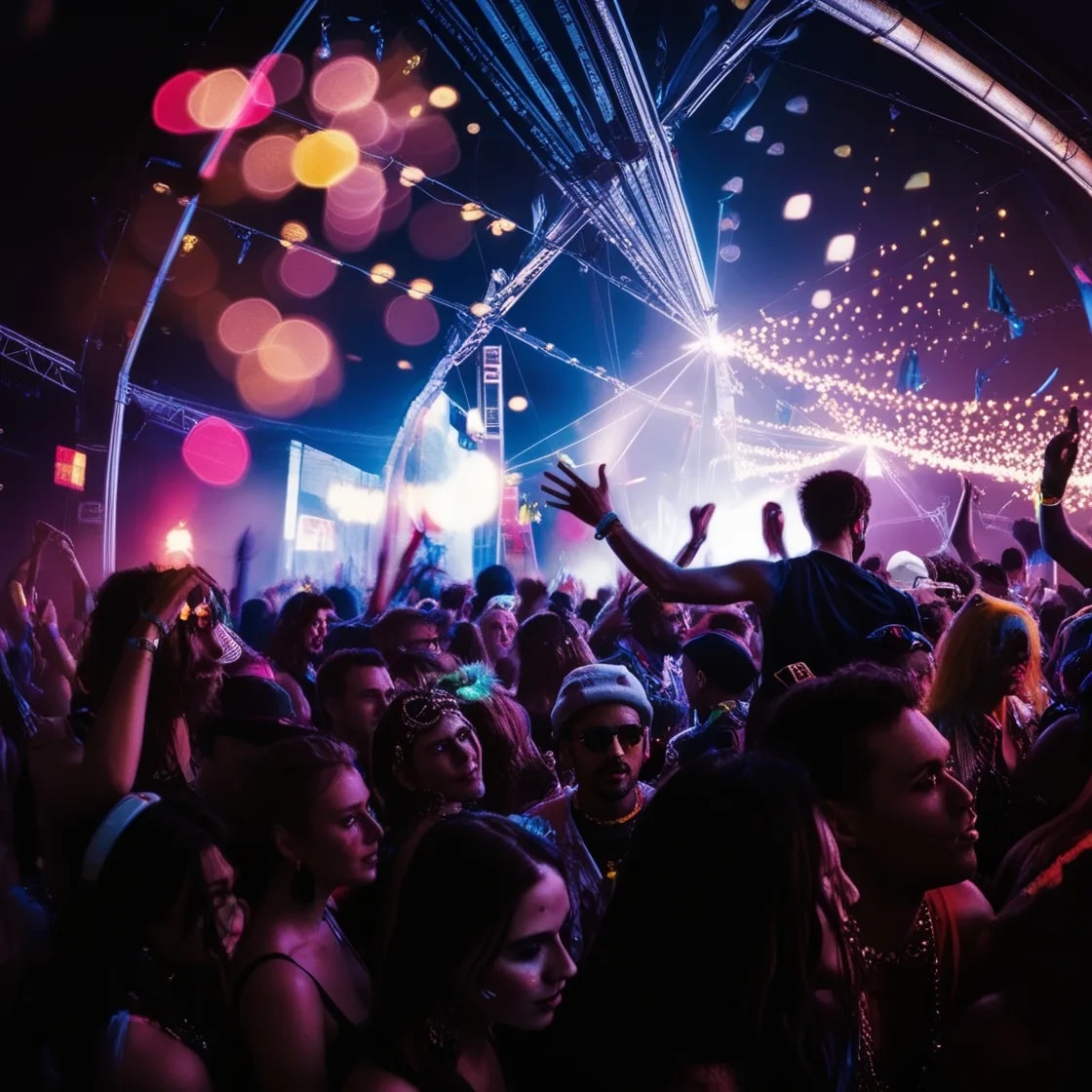 Público bailando de noche bajo luces de colores en una fiesta al aire libre